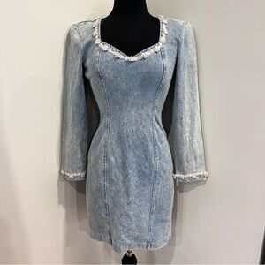 Vintage Rampage Denim Dress size 5 Acid Wash Long Sleeve Beaded Trim 90s Y2K